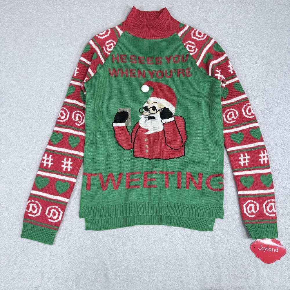 Joyland He Sees You When You're Tweeting Christmas Sweater Green Sequin Small